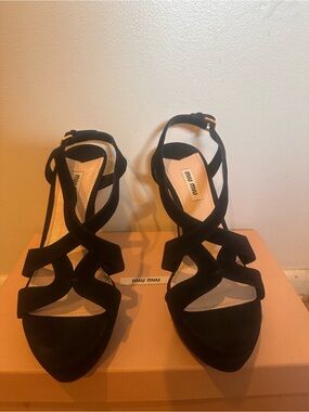 Miu Miu Black Suede Crisscross Ankle-Strap Heels